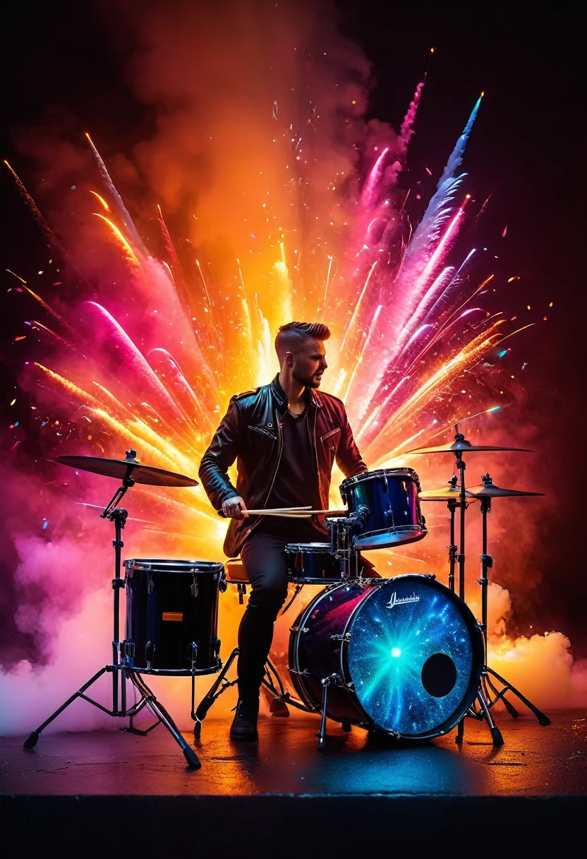 cyberpunk styled artist (drummer), (rockstar), (best image quality,4K,8k,HD,Meisterwerk:1.2),Super detailliert,(lebensecht,lebensecht,lebensecht:1.37)。Kreative Tapetengestaltung,extremely beautiful,Buntes Konfetti explodiert wie Feuerwerk,(((young drummer,Schlagzeug spielen,Buntes Konfetti spritzt aus dem Schlagzeug,Tanzen Sie zur Musikmelodie)))Energetische Bewegung,Dynamische und kraftvolle abstrakte Kunst,Bunt,Lebendige Regenbogenfarben,Cheerful and lively atmosphere,leuchtendes Orange,Rosa,Whimsical and dreamy,dunkler Hintergrund
