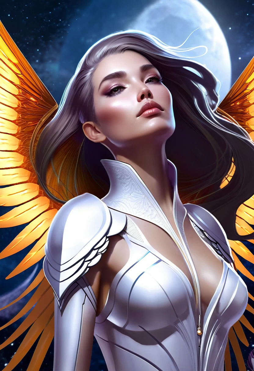 Danligur, Eva, emerging, fallen alien woman, wings on her back, white tume, night, moonlit, HD, illustration, epic, D&D, fantasy, intricate, elegant, highly detailed, digital painting, artstation, concept art, smooth, sharp focus, illustration, wallpaper, art by artgerm and greg rutkowski and alphonse mucha and jin xiaodi