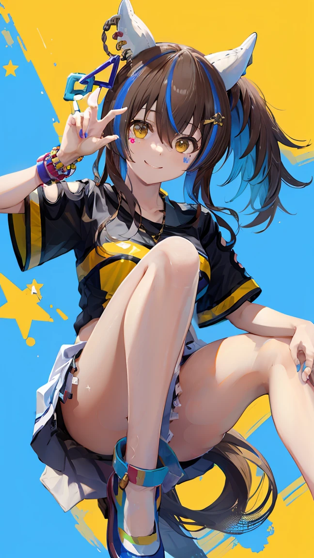 masterpiece, Highest quality, High resolution, Very detailed,(((Daitaku Helios))), (((Roll up your clothes。))), (((smile))), Bare legs