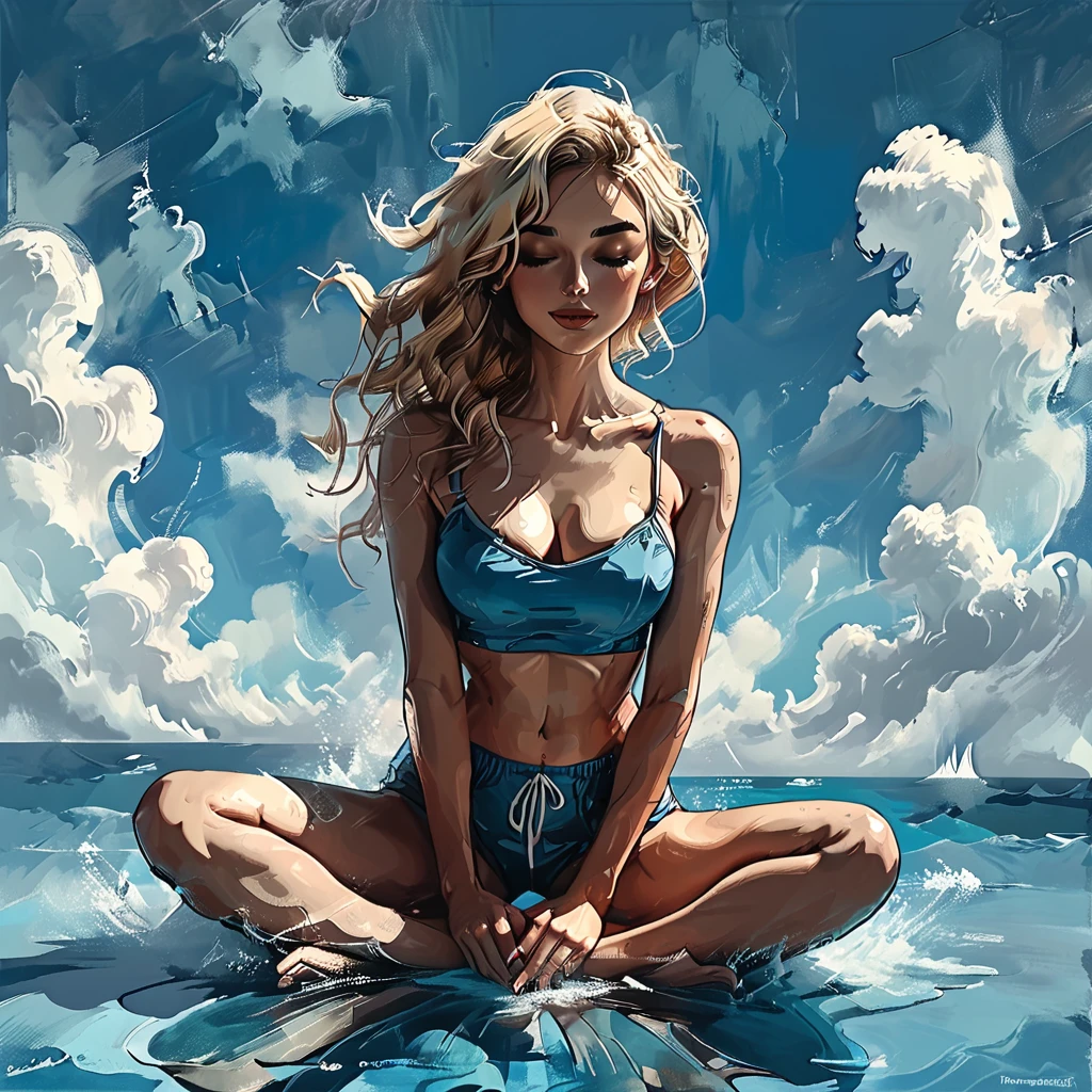 
((side view)), girl sitting on the surface of the water against on a simple blue background, 
 sitting on the water, side view girl sits in the lotus position, cloud, sea line, only water and clouds,
girl in blue Half top wrestler and blue Elastic shorts look at the side, adult, [Nordic], Hourglass elongated fitness body, perfect Olive skin, Oval Face, Long neck, Rounded shoulders, perfect hand,  Attached Pointed ears, round forehead, Short blonde Waves pixie hair, snub nose, Arched eyebrows, closed Eyes, High Round Narrow cheekbones, Dimpled Cheeks, Rounded Chin, Rounded Jawline, Fine Puppet Wrinkles, Full nude Lips, (closed eyes), Nude Makeup Look, long eyelashes,  third breast size,  
 graphic style of novel comics, 
2d, 8k, iMax, hyperrealism, masterpiece, high resolution, best quality, ultra-detailed, super realistic, Hyperrealistic art, high-quality, ultra high res, highest detailed, lot of details, Extremely high-resolution details, incredibly lifelike, colourful, 