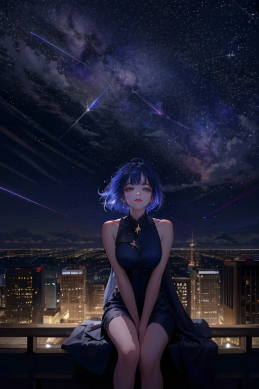 1girl,solo,cool,brilliant eye,outdoor,building,rooftop,sitting, look up at the sky,faw away,at night,octans,starry sky,milky way, fanxing ,city view,