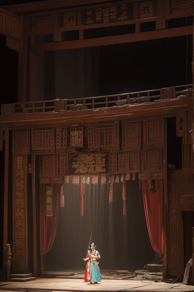 Background: In an old, dilapidated, and small temple fair, two people in Peking Opera costumes are performing on an old, dilapidated, and small stage. Many people are watching below the stage. The characters are clear, but the light is dim. The people below the small stage are all wearing old Tang costumes.