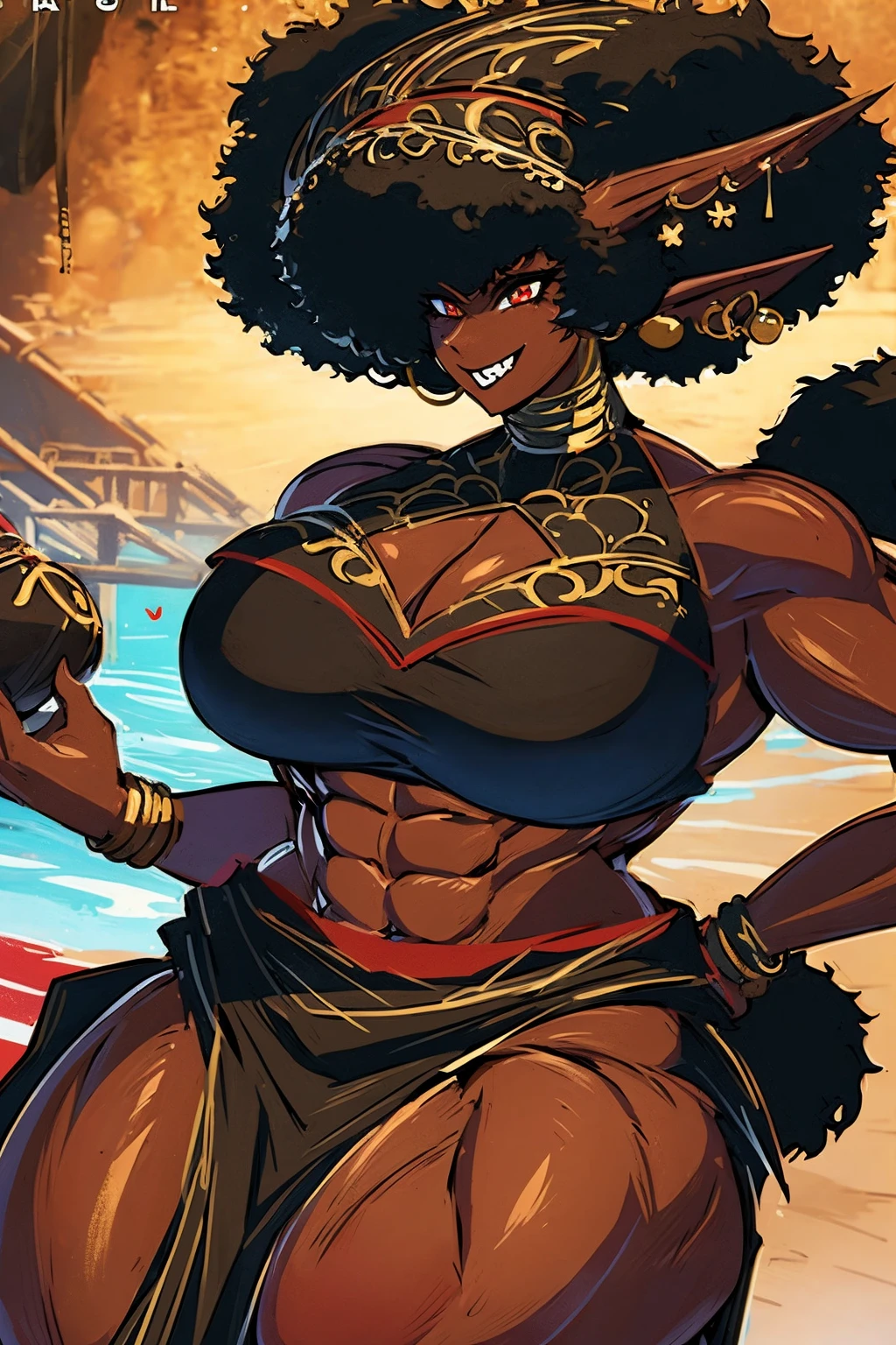 (masterpiece, best quality:1.2),1 girl, voluptuous body, full body, masterpiece, dominant pose, good anatomy, no extra limbs, big ass, thick thighs, black hair, voluminous afro, pointy ears, gold earrings, black top with red details, black skirt with red details, gold necklaces wide hips muscular female