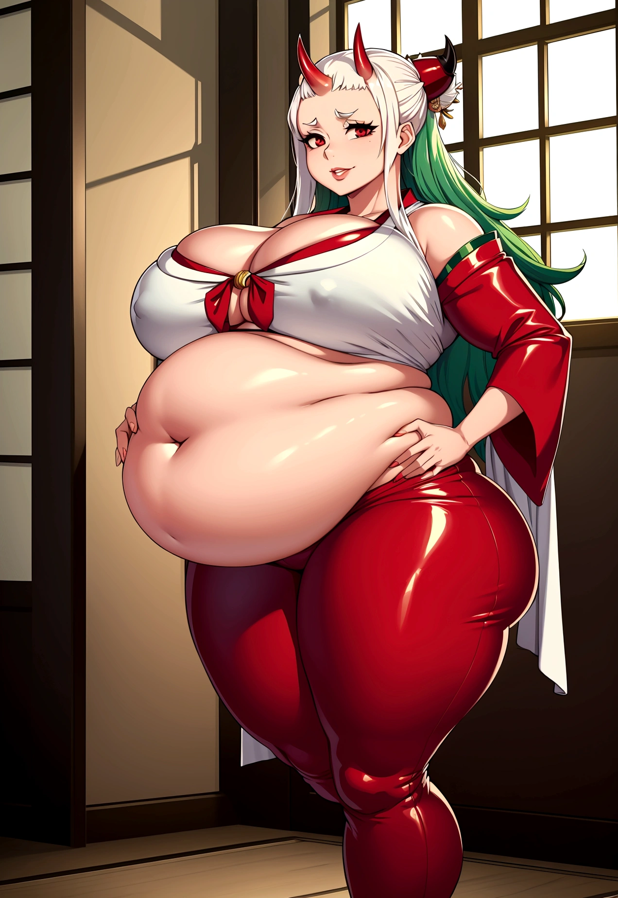 ((high aesthetic)), absurdres, absurd resolution, highly rated, highres, art by kipteitei, high resolution, best quality, masterpiece, full body, (facing viewer), 1girl, ((solo)), indoors, clothed, perfect face, perfect eyes, neneneji, tight outfit, smile, natural skin texture, 4k textures, hdr, intricate, highly detailed, puffy lips, thick lips, hyperdetailed, mature female, yamato\(one piece\), multicolored hair, white hair, green hair, oni horn , red horns, two red horns, long hair, red eyes, , white kimono top, red bottoms, pants, plump(wide hips, pot belly, masssive thighs, huge breasts, gigantic belly),huge ass, fat, obese, belly heavy, immobile belly,