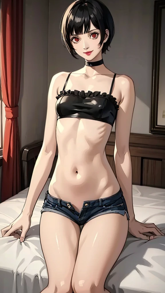 1 girl, red eyes, very Short hair, black choker, lipstick , smile, black hair, tomboy Pixie haircut, shorts, long socks, white bandeau, belly, medium breast, extreme micro shorts, stockings, cowboy shot, sit, bedroom