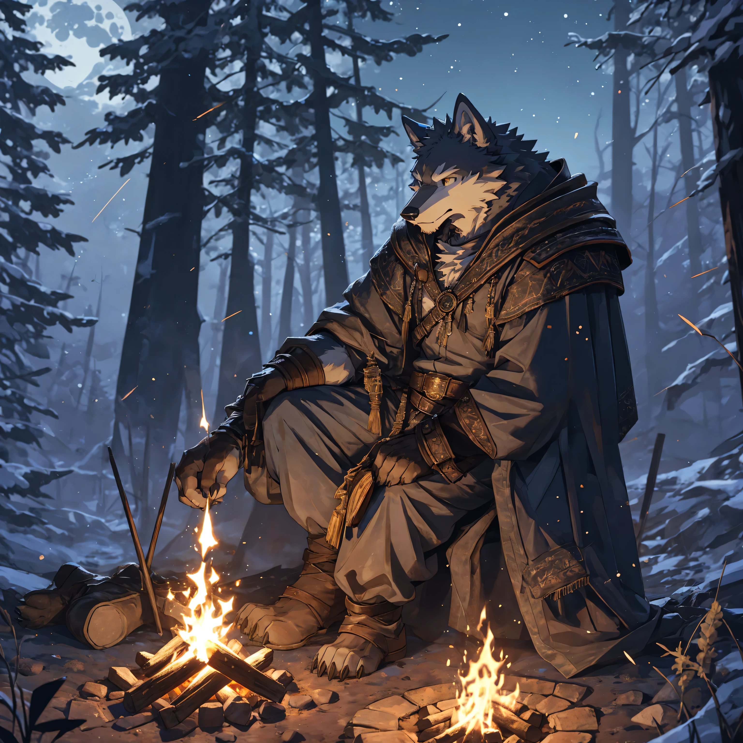 one, kemono, (wolf), anthro, male, ((orange and grey body)), fur, tail, muscles, handsome, outdoors, outside, dark, night, forest, campfire, camp, stars, sitting, toe claws, epic, depth of field, perfect lighting, (light particles),(best quality),(masterpiece),(ultra detailed),sharp focus, medieval age clothes, more skin showing.