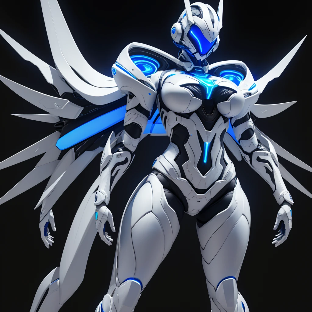 Dronificated unknown woman in a fully enclosed white latex fullbody suit with blue lights across the suit and star shaped glowing core in the chest, fully enclosed cyber helmet that cover her whole face and hides her identity with a blue screen that has a white star, huge breast, narrow waist, wide hips and thick thighs, Mechanical wings, in a forest, no face, no hair, no mouth, no eyes, (perfect anatomy)