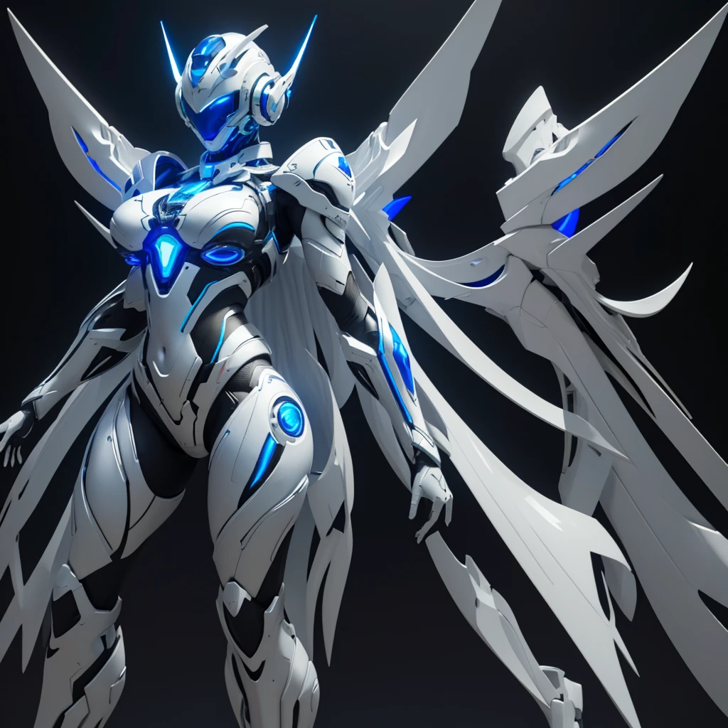 Dronificated unknown woman in a fully enclosed white latex fullbody suit with blue lights across the suit and star shaped glowing core in the chest, fully enclosed cyber helmet that cover her whole face and hides her identity with a blue screen that has a white star, huge breast, narrow waist, wide hips and thick thighs, Mechanical wings, in a forest, no face, no hair, no mouth, no eyes, (perfect anatomy)