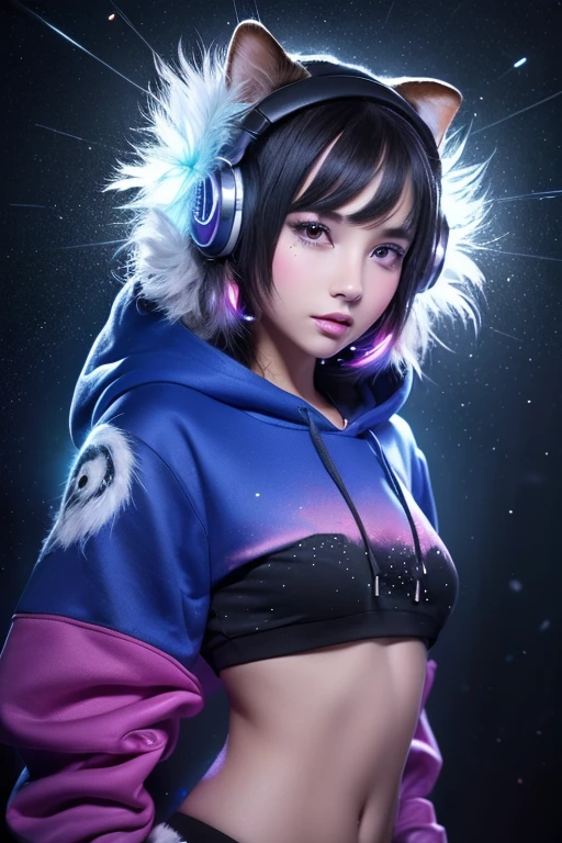 (A beautiful girl with black eyes in a night frame, full of stars, a decorative panel, abstract art, side shot, photorealistic, light pink hair, straight hair, beautiful black hair, glowing white skin, picturesque, sketch, texture, extremely high resolution, alone, beautiful woman, very detailed, fractal art, colorful, floral, most detailed, tangled, dynamic pose, abstract background, glowing skin, many colors, earrings, feather), (A cute chipmunk with fluffy fur wearing a silver blue outfit, including a hoodie and headphones, the background is modern and inorganic, adorable digital painting, 3d rendered, bright lighting, vibrant colors, outside and raining)