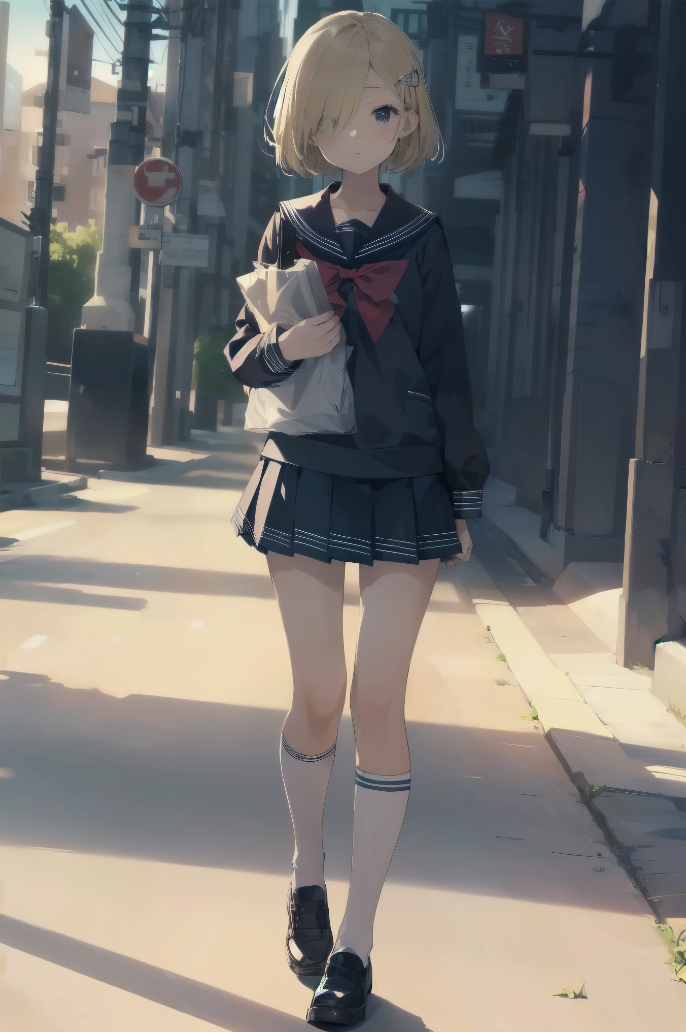 highest quality, anime moe art style,Best Anime 8K Kona-chan Wallpaper,Pixiv contest winners,perfect anatomy, (Please draw a girl walking sleepily to school.. ),break, 1 girl, (alone,,,13 years old:1.3),high school student, short hair, amount, (hair above one eye:1.7),All limbs, full finger,medium breasts, between legs, small eyes,Precise black eyes, hair clip, (sailor suit:1.5),(school uniform:1.5) skirt,On the way to school. break,Super detailed,High resolution,super dense skin, professional lighting,8K eye details, (cute illustration:1.2),blonde,blonde hair,No expression,(hair over one eye:1.5)