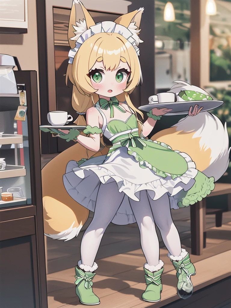 Highest quality, masterpiece,1 Girl,Yellow round eyebrows,Blonde Hair, Big fox ears,Big fox tail, Green Eyes,Green maid apron,White ruffle skirt,Small breasts,Coffee shop,have_Silver round tray,Green round dish on a tray,10 years old,White pantyhose,Green boa boots,((Chibi))