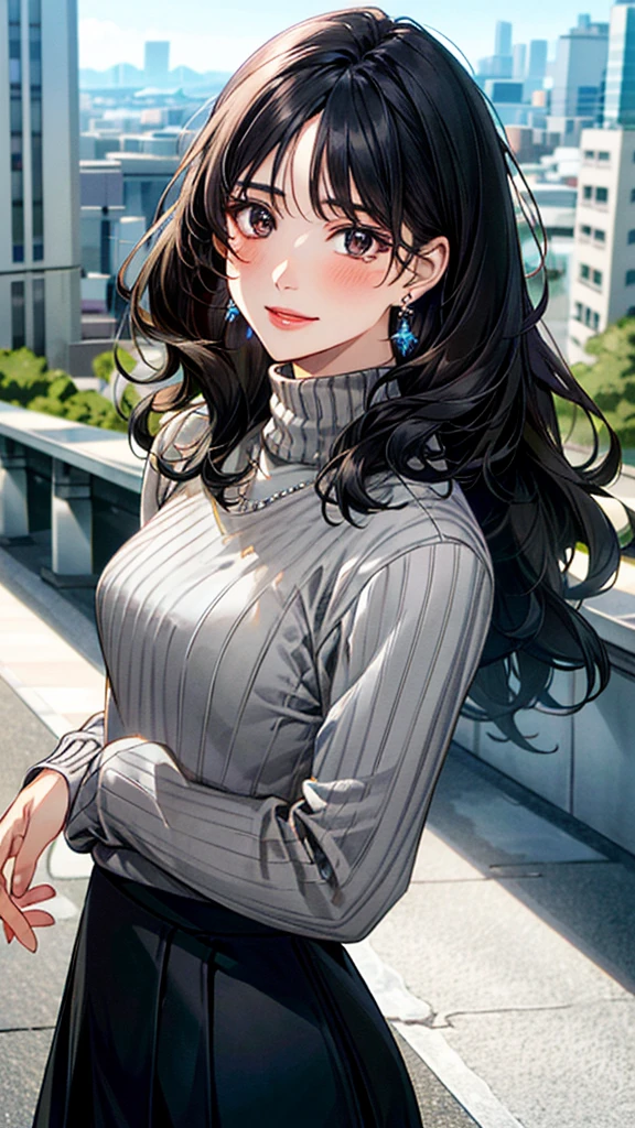 (masterpiece:1.3, Highest quality, Ultra-high resolution, Super detailed), (Realistic, photoRealistic:1.4), Beautiful illustrations, Perfect lighting, colorful, Depth of written boundary, 
Beautiful detailed hair, Beautifully detailed face, Beautiful fine details, Beautiful clavicle, Beautiful body, 美しいLarge Breasts, Beautiful thighs, Beautiful feet, Beautiful fingers, 
View Viewer、Front view:0.6, Beauty1人, Japanese, Beauty、30 years old, Perfect Face, (Perfect Anatomy, Anatomically correct), Cute and symmetrical face, Baby Face, , Shiny skin, 
((Dark grey turtleneck sweater:1.4)),((Long skirt 1.5))
(Black Hair, Medium Wavy Hair:1.4),  Dark brown eyes, (Large Breasts), Slim body, 
necklace, (Small earrings:1.3), 
(Beautiful views), (evening), (city, cityscape in the distance), Waving one hand, A soft smile、(Smile, Lips parted), 