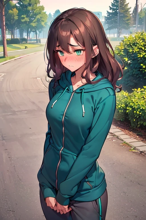 (((medium-large breasts))), ((best quality)), ((masterpiece)), (detailed), (((perfect face))), (((slender 16 year old teen girl wearing teal zip hoodie))), (((gray sweatpants))), ((brunette, dark brown hair)), ((wavy hair)), (((beautiful green eyes))), ((shy:1.3)), ((blushing:1.6)), ((sexy thighs)), ((sexy legs)), (((outside next to a tree))),