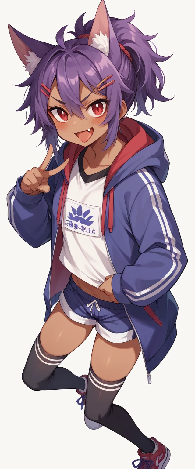 highres,1girl,animal ears,bangs,blush,red eyes,open mouth,fang,dark-skinned female,hair between eyes,hair ornament,hairclip,looking at viewer,smile,solo,v-shaped eyebrows,thighhighs,underwear,streetwear,sneakers,tongue,gal,shorts,KEMOMIMI,fang dark-skinned female,taut clothing,ponytail,Short messy hair,purple hair,two or more colors,white background,simple background,