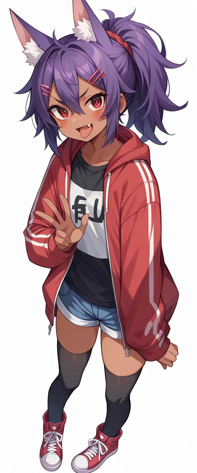 highres,1girl,animal ears,bangs,blush,red eyes,open mouth,fang,dark-skinned female,hair between eyes,hair ornament,hairclip,looking at viewer,smile,solo,v-shaped eyebrows,thighhighs,underwear,streetwear,sneakers,tongue,gal,shorts,KEMOMIMI,fang dark-skinned female,taut clothing,ponytail,Short messy hair,purple hair,two or more colors,white background,simple background,