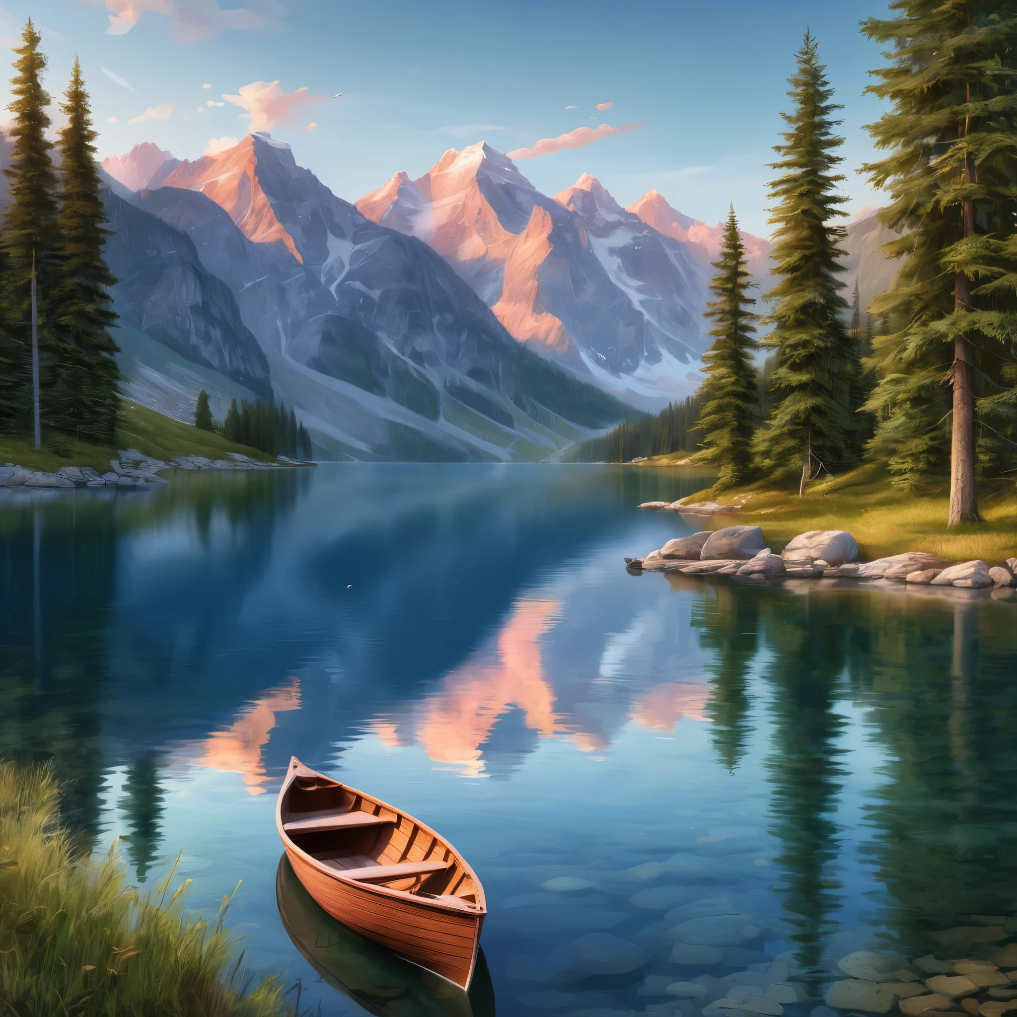 Create an incredibly amazing and fantastical image with "Award Winning Clear Smooth Details." Imagine a breathtaking scene of a crystal-clear mountain lake surrounded by towering, snow-capped peaks. The water of the lake is so still and pristine that it reflects the surrounding landscape with perfect clarity, creating a mirror-like effect.

In the foreground, a small wooden dock extends into the lake, and a beautifully crafted wooden rowboat is gently floating near the edge. The boat is detailed with smooth, polished wood and intricate carvings along its edges, showcasing expert craftsmanship.

Surrounding the lake are lush, green pine forests, with rays of sunlight filtering through the trees and casting a warm, golden light on the scene. The trees and foliage are rendered with sharp, clear details, capturing every needle and leaf with precision.

In the background, the majestic mountains rise into a sky that is a brilliant gradient of deep blue to soft pink, as the sun begins to set. Wisps of clouds are delicately painted across the sky, adding depth and dimension to the scene.

On the shore of the lake, a family of deer is grazing, their fur detailed with smooth, realistic textures that highlight the play of light and shadow. The overall composition is balanced and harmonious, with each element contributing to a sense of peace and natural beauty.

The color palette should be rich and natural, with the blues and greens of the landscape complemented by the warm tones of the sunlight and the soft pastels of the sky. Use detailed, flowing lines to capture the intricate beauty and smoothness of the scene.

The entire image should evoke a sense of awe and tranquility, with award-winning clarity and smooth details that make every element stand out, creating a truly unique and captivating masterpiece.