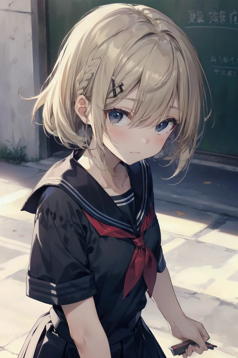 highest quality, anime moe art style,Best Anime 8K Kona-chan Wallpaper,Pixiv contest winners,perfect anatomy, (Please draw a girl walking sleepily to school.. ),break, 1 girl, (alone,,,13 years old:1.3),high school student, short hair, amount, (hair above one eye:1.7),All limbs, full finger,medium breasts, between legs, small eyes,Precise black eyes, hair clip, (sailor suit:1.5),(school uniform:1.5) skirt,On the way to school. break,Super detailed,High resolution,super dense skin, professional lighting,8K eye details, (cute illustration:1.2),blonde,blonde hair,No expression,(hair over one eye:1.5)