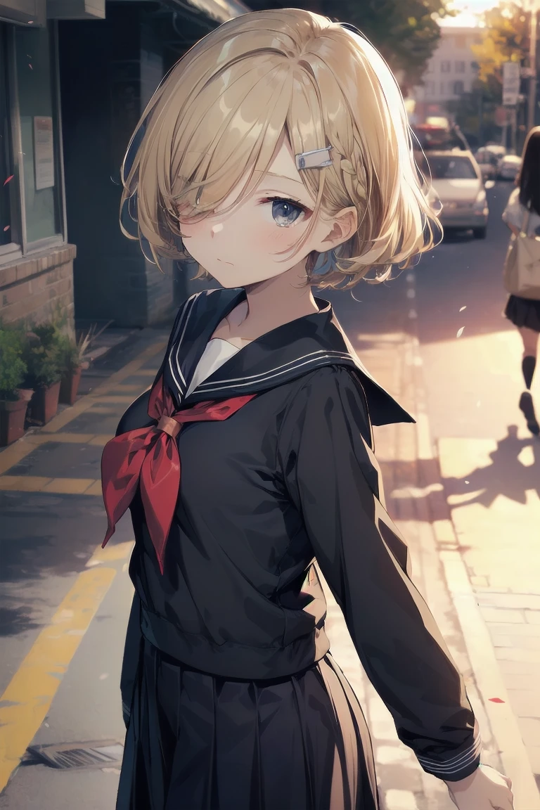 highest quality, anime moe art style,Best Anime 8K Kona-chan Wallpaper,Pixiv contest winners,perfect anatomy, (Please draw a girl walking sleepily to school.. ),break, 1 girl, (alone,,,13 years old:1.3),high school student, short hair, amount, (hair above one eye:1.7),All limbs, full finger,medium breasts, between legs, small eyes,Precise black eyes, hair clip, (sailor suit:1.5),(school uniform:1.5) skirt,On the way to school. break,Super detailed,High resolution,super dense skin, professional lighting,8K eye details, (cute illustration:1.2),blonde,blonde hair,No expression,(hair over one eye:1.5)
