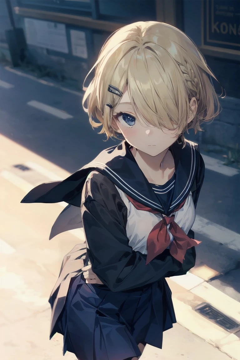 highest quality, anime moe art style,Best Anime 8K Kona-chan Wallpaper,Pixiv contest winners,perfect anatomy, (Please draw a girl walking sleepily to school.. ),break, 1 girl, (alone,,,13 years old:1.3),high school student, short hair, amount, (hair above one eye:1.7),All limbs, full finger,medium breasts, between legs, small eyes,Precise black eyes, hair clip, (sailor suit:1.5),(school uniform:1.5) skirt,On the way to school. break,Super detailed,High resolution,super dense skin, professional lighting,8K eye details, (cute illustration:1.2),blonde，blonde hair，No expression，(hair over one eye:1.5)