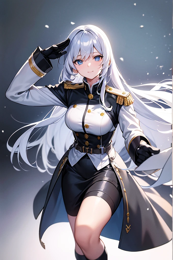 Content:
An anime woman in a military uniform. She has light blue eyes, white hair that ends halfway down her back, and knee-high military boots. She wears a confident smile, looking very mature, with her hands on her hips.
Medium:
Digital art, anime illustration.
Style:
Pixiv contest winner, fine art, with elements inspired by historical military aesthetics and anime character design.
Lighting:
Dramatic, with strong contrasts to highlight her authoritative presence and the details of her uniform. Subtle shadows to add depth and realism.
Colours:
A palette dominated by military greens, blacks, and silvers, with the light blue of her eyes and white of her hair standing out against the darker tones of her uniform.
Composition:
A full body shot with a 50mm lens. The background is a snowy scene, as if a blizzard is happening behind her. She salutes to the camera, showcasing her confidence and authority.
