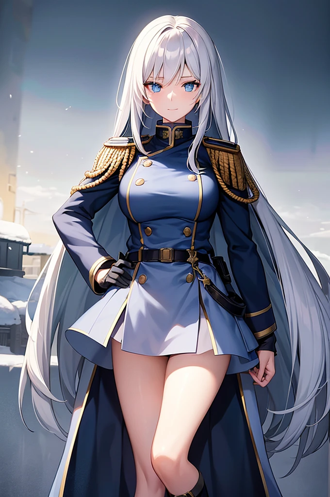 Content:
An anime woman in a military uniform. She has light blue eyes, white hair that ends halfway down her back, and knee-high military boots. She wears a confident smile, looking very mature, with her hands on her hips.
Medium:
Digital art, anime illustration.
Style:
Pixiv contest winner, fine art, with elements inspired by historical military aesthetics and anime character design.
Lighting:
Dramatic, with strong contrasts to highlight her authoritative presence and the details of her uniform. Subtle shadows to add depth and realism.
Colours:
A palette dominated by military greens, blacks, and silvers, with the light blue of her eyes and white of her hair standing out against the darker tones of her uniform.
Composition:
A full body shot with a 50mm lens. The background is a snowy scene, as if a blizzard is happening behind her. She salutes to the camera, showcasing her confidence and authority.