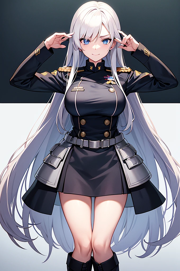 Content:
An anime woman in a military uniform. She has light blue eyes, white hair that ends halfway down her back, and knee-high military boots. She wears a confident smile, looking very mature, with her hands on her hips.

Medium:
Digital art, anime illustration.

Style:
Pixiv contest winner, fine art, with elements inspired by historical military aesthetics and anime character design.

Lighting:
Dramatic, with strong contrasts to highlight her authoritative presence and the details of her uniform. Subtle shadows to add depth and realism.

Colours:
A palette dominated by military greens, blacks, and silvers, with the light blue of her eyes and white of her hair standing out against the darker tones of her uniform.

Composition:
A full body shot with a 50mm lens. The background is a snowy scene, as if a blizzard is happening behind her. She salutes to the camera, showcasing her confidence and authority.