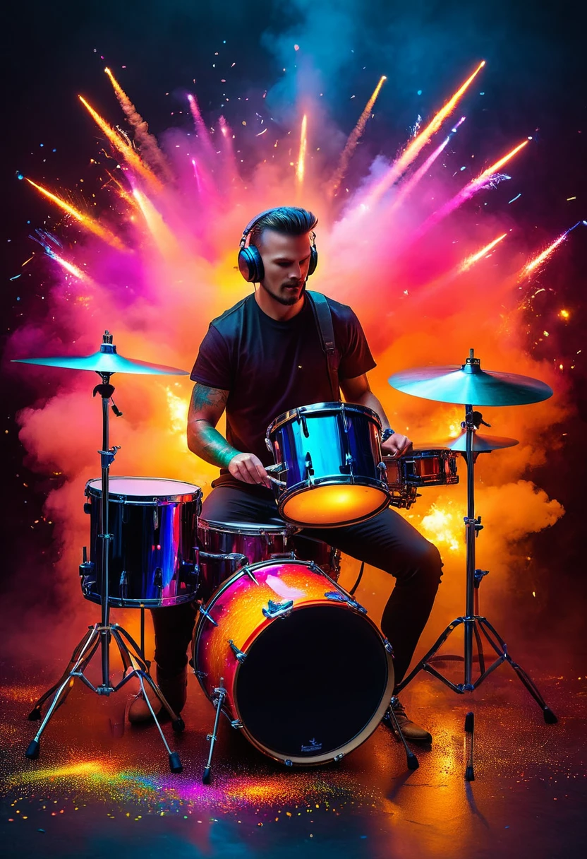 cyberpunk styled artist (drummer), (rockstar), (best image quality,4K,8k,HD,Meisterwerk:1.2),Super detailliert,(lebensecht,lebensecht,lebensecht:1.37)。Kreative Tapetengestaltung,extremely beautiful,Buntes Konfetti explodiert wie Feuerwerk,(((young drummer,Schlagzeug spielen,Buntes Konfetti spritzt aus dem Schlagzeug,Tanzen Sie zur Musikmelodie)))Energetische Bewegung,Dynamische und kraftvolle abstrakte Kunst,Bunt,Lebendige Regenbogenfarben,Cheerful and lively atmosphere,leuchtendes Orange,Rosa,Whimsical and dreamy,dunkler Hintergrund
