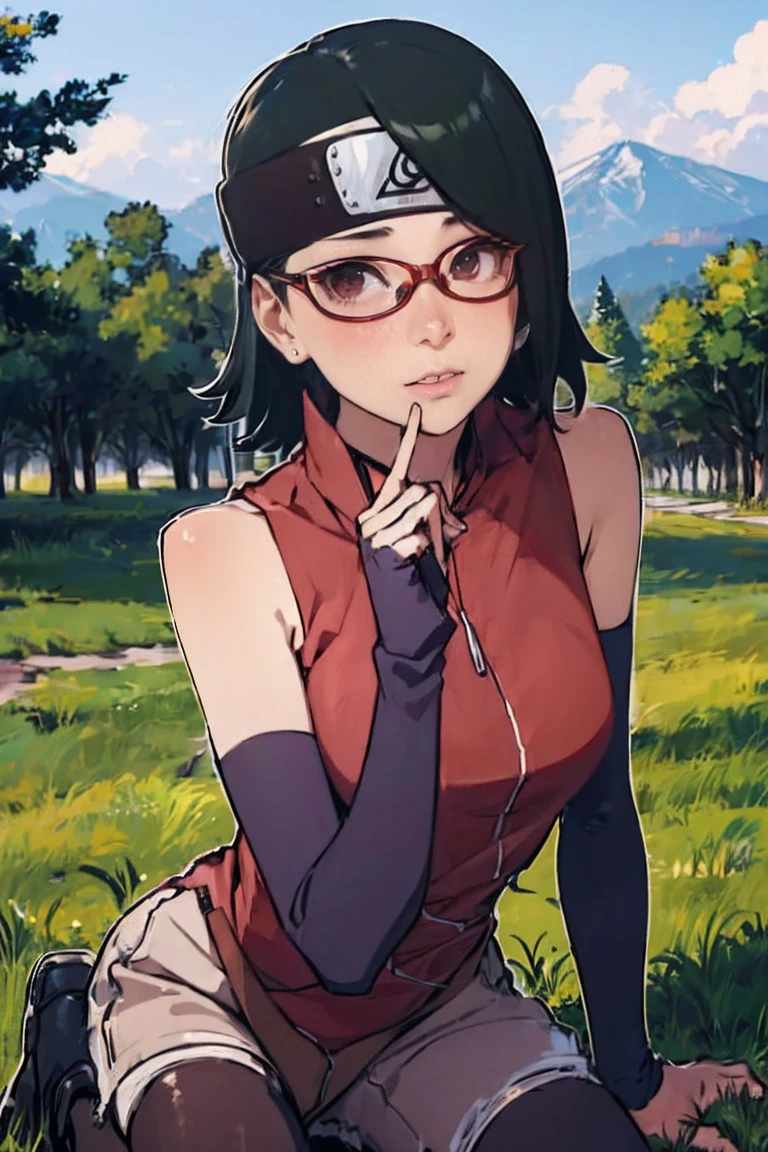 (Sarada Uchiha,short hair,black hair,glasses),full body picture Unreal Engine 5 8K UHD of beautiful girl, green Japanese style long hair, wearing futuristic black tight battle suit, half face mask, futuristic neck collar, grass green light details, best quality, masterpiece，Big Breasts