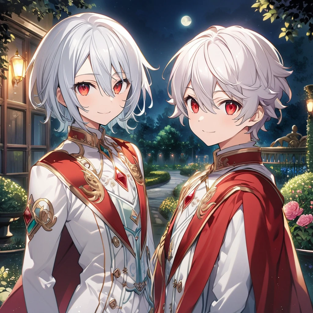 Aether \(AKB0048 Next Stage\), (short hair), (silvery white hair), (bejeweled eyes), (red eyes):1.2, noble costume, smiling gently, cape, ((ultra-detailed)), ((illustration)), (neat hair)), (beautiful detailed eyes), (male), 1boy, ((garden, night, moon)), looking at viewer