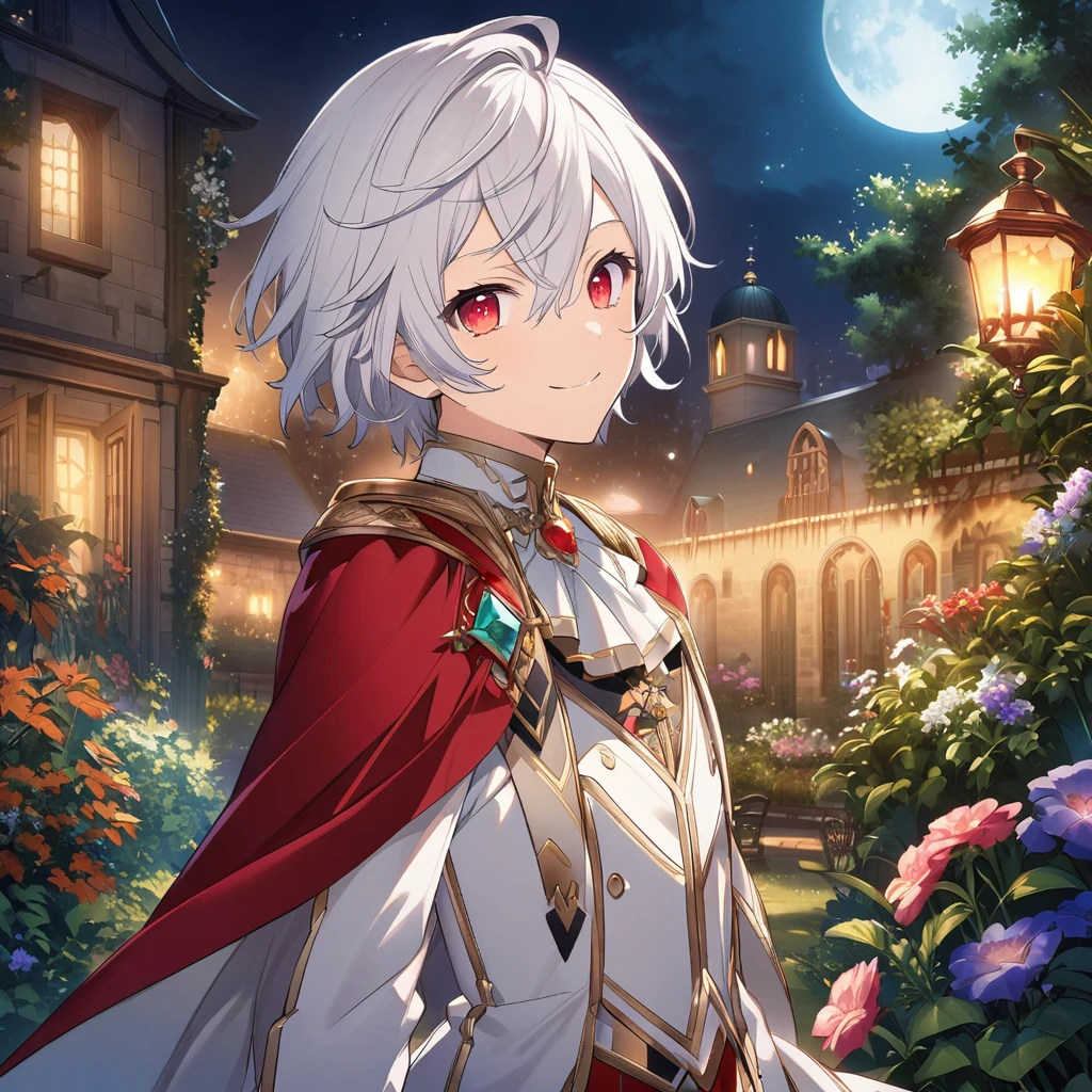 Aether \(AKB0048 Next Stage\), (short hair), (silvery white hair), (bejeweled eyes), (red eyes):1.2, noble costume, smiling gently, cape, ((ultra-detailed)), ((illustration)), (neat hair)), (beautiful detailed eyes), (male), 1boy, ((garden, night, moon)), looking at viewer