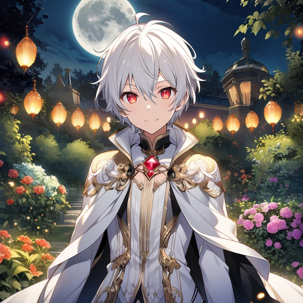 Aether \(AKB0048 Next Stage\), (short hair), (silvery white hair), (bejeweled eyes), (red eyes):1.2, noble costume, smiling gently, cape, ((ultra-detailed)), ((illustration)), (neat hair)), (beautiful detailed eyes), (male), 1boy, ((garden, night, moon)), looking at viewer