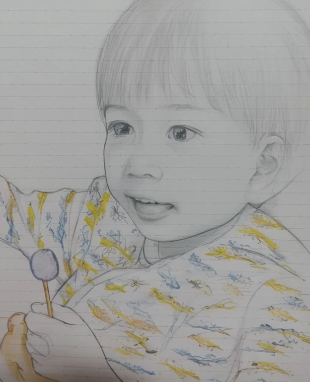 Realistic color photography style、Smiling emphasizes nasolabial folds. Make the chin a little thinner and accentuate the nasolabial folds.、I want it to look more like a color photograph........。3 year old boy, Xu々To、Clearly visible、鼻から口Toかけての深いほうれい線を強調します、Generate left and right dimples、Show me your beautiful smile.。Make your eyes look cute with double eyelids.