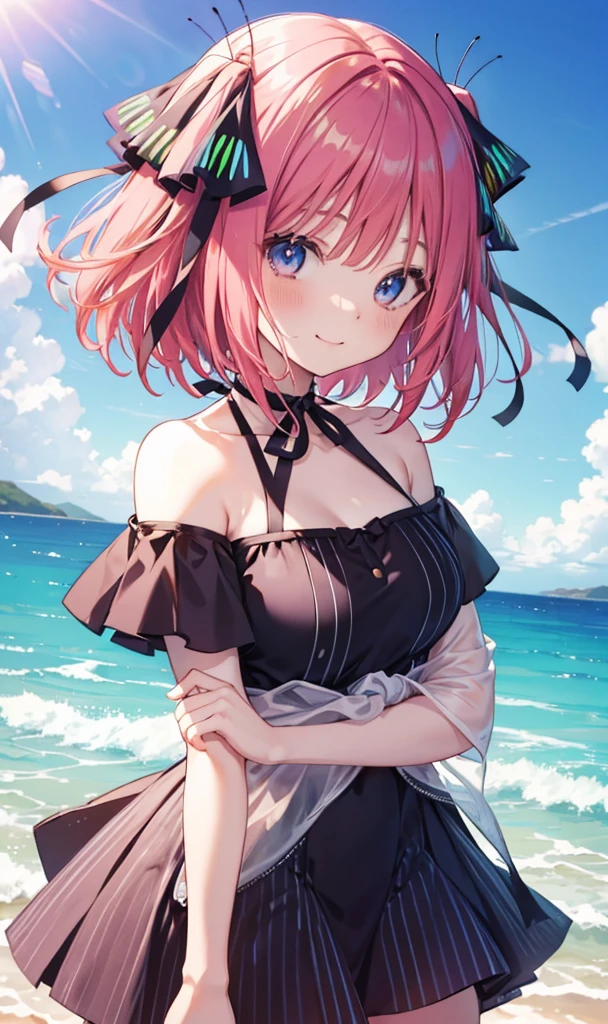 Nino Nakano is a character that appears in the anime "The Quintessential Quintuplets" 「The background is a sunny day at the sandy beach...」The eyes of this character are blue. My hairstyle is a bob cut with shockingpink color. This character is wearing a butterfly hair accessory. Please focus on this character. This character has a very lovely smile.high Quality. .. masterpiece,best quality,ultra detailed, My breast size is D cup. The background is a sunny day at the sandy beach. This character is wearing an off shoulder bikini. The off shoulder bikini has a pattern of purple and black stripes.
