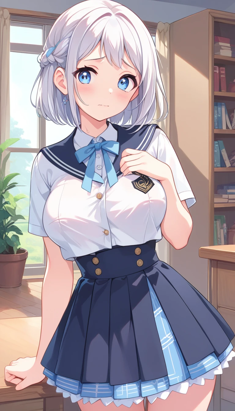 16k,1girl, katsuragi lilja,blue eyes,white hair,short hair,braid,,sailor collar,neck ribbon, white shirt,layered skirt,high-waist skirt,pov,looking view,blush,embarrassed,big breast,breast focus,NSFW