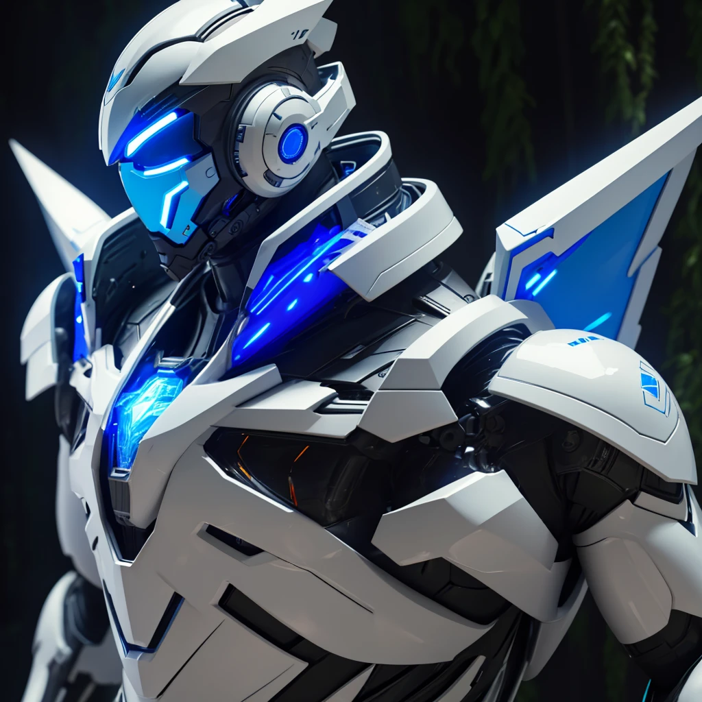 Dronificated unknown man in a fully enclosed white latex fullbody suit with blue lights across the suit and star shaped glowing core in the chest, fully enclosed cyber helmet that cover his whole face and hides his identity with a blue screen that has a white star, muscular, strong, with mechanical wings, in a forest, no face, no hair, no mouth, no eyes, (perfect anatomy)