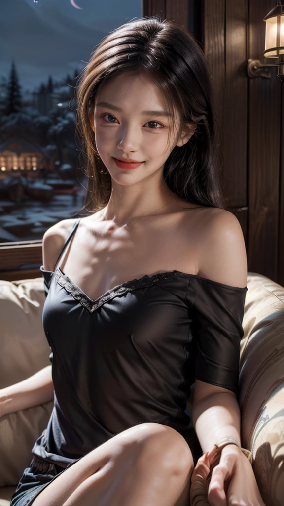 ((night view, realistic light, best quality, 8K, masterpiece: 1.3)), 1 woman, pretty woman with a slim body: 1.4,big smile， (black hair, medium chest: 1.3), off-the-shoulder cut top: 1.3, Sofa, very detailed face, detailed eyes, double eyelid