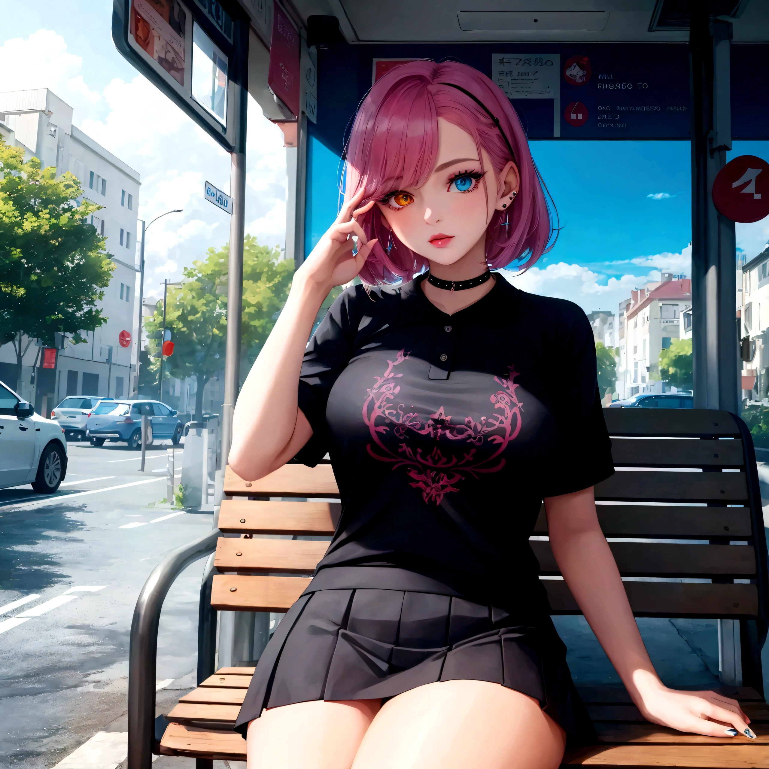 (masterpiece, top quality, best quality, official art, beautiful and aesthetic:1.2),(2girls:1.3),teenager,tattoo,curvy,glamor,swept bangs,two-tone hair,makeup,heterochromia,nail_art,collarbonea,stud_earrings,yandere,in summer,microskirt,bus stop,bench,(polo_shirt:1.2),