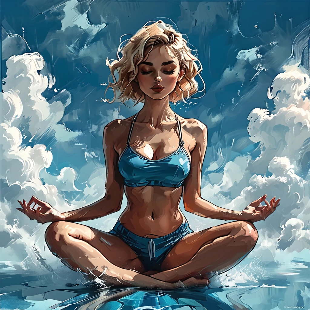 
((side view)), girl sitting on the surface of the water against on a simple blue background, 
 sitting on the water, side view girl sits in the lotus position, cloud, sea line, only water and clouds,
girl in blue Half top wrestler and blue Elastic shorts look at the side, adult, [Nordic], Hourglass elongated fitness body, perfect Olive skin, Oval Face, Long neck, Rounded shoulders, perfect hand,  Attached Pointed ears, round forehead, Short blonde Waves pixie hair, snub nose, Arched eyebrows, closed Eyes, High Round Narrow cheekbones, Dimpled Cheeks, Rounded Chin, Rounded Jawline, Fine Puppet Wrinkles, Full nude Lips, (closed eyes), Nude Makeup Look, long eyelashes,  third breast size,  
 graphic style of novel comics, 
2d, 8k, iMax, hyperrealism, masterpiece, high resolution, best quality, ultra-detailed, super realistic, Hyperrealistic art, high-quality, ultra high res, highest detailed, lot of details, Extremely high-resolution details, incredibly lifelike, colourful, 