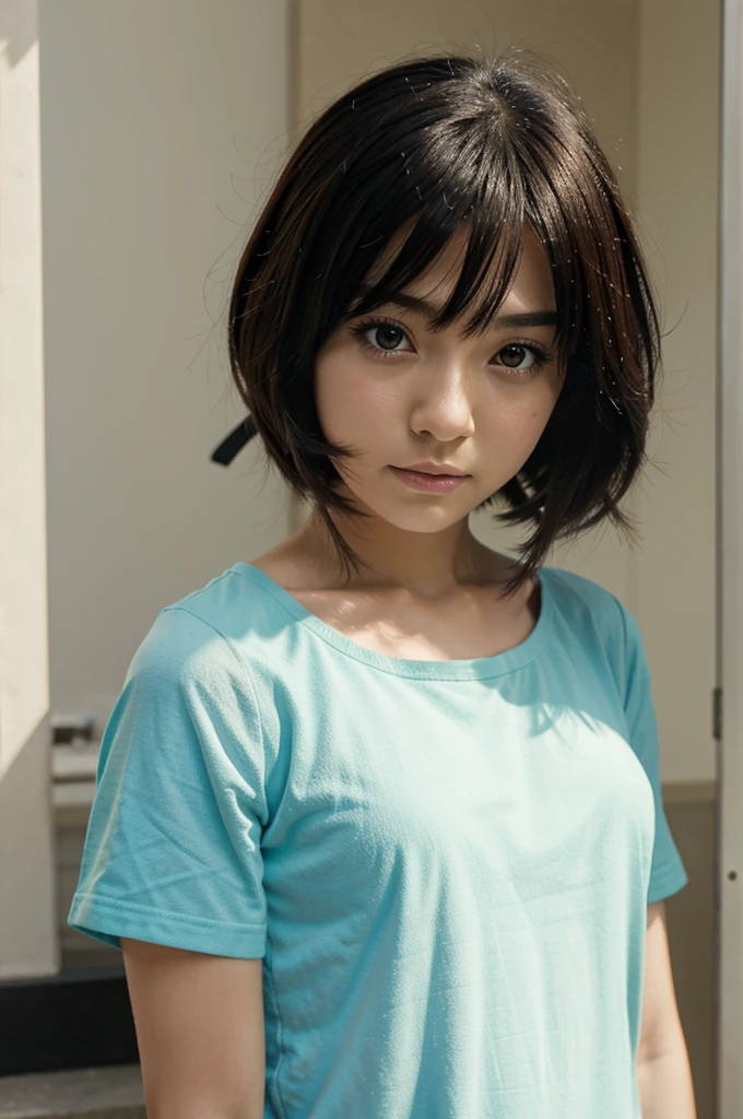 masterpiece, best quality, (realistic,photo-realistic:1.4), (RAW photo:1.2), extremely detailed CG unity 8k wallpaper, delicate and beautiful, amazing,finely detail, official art, absurdres, incredibly absurdres, huge filesize, ultra-detailed,extremely detailed eyes and face,light on face,hinata,(little smile),(black hair:1.4),(short hair:1.4),(wearing white t-shirt:1.5),nature backgrond,(wet body:1.5)