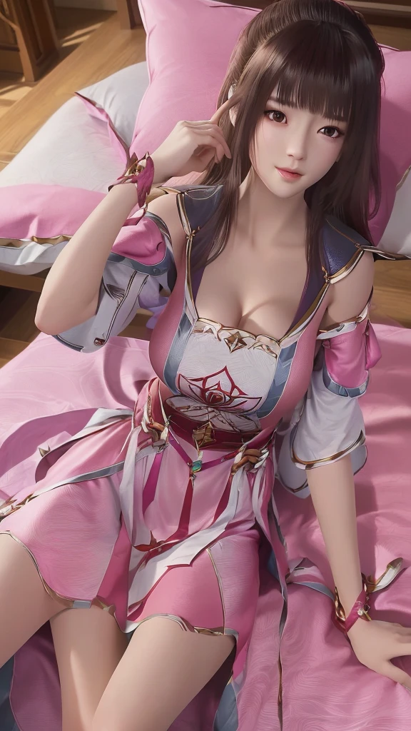 一个女孩Lying in bed，Face up，Raise your legs slightly，Front view super detailed beautiful big breasted girl . Ultra HD, 4k, 8K, Movie，whole body，Lying down，Long legs，Very big breasts，whole body捕捉，（（（Lying in bed））），（（（whole bodyLying in bed））），Pink bed，Off-shoulder，Shoulder-length skirt，Lying in bed，Sleeping on the pillow，Lying down，Headrest pillows