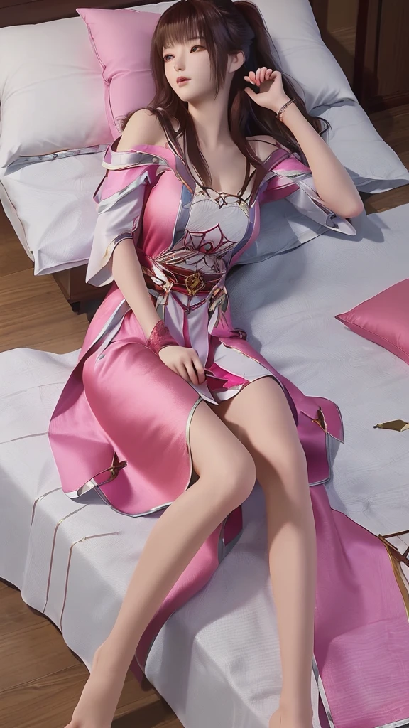 一个女孩Lying in bed，Face up，Raise your legs slightly，Front view super detailed beautiful big breasted girl 16 years old. Ultra HD, 4k, 8K, Movie，whole body，Lying down，Long legs，Very big breasts，whole body捕捉，（（（Lying in bed））），（（（whole bodyLying in bed））），Pink bed，Off-shoulder，Shoulder-length skirt，Lying in bed，Sleeping on the pillow，Lying down，Headrest pillows