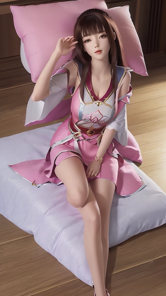 一个女孩Lying in bed,Face up,Raise your legs slightly,Front view super detailed beautiful big breasted girl . Ultra HD, 4k, 8K, Movie,whole body,Lying down,Long legs,Very big breasts,whole body捕捉,(((Lying in bed))),(((whole bodyLying in bed))),Pink bed,Off-shoulder,Shoulder-length skirt,Lying in bed,Sleeping on the pillow,Lying down,Headrest pillows