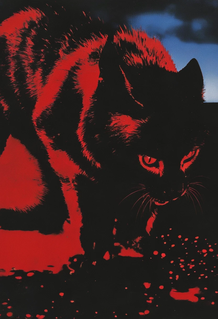 cat in water, red sunset background
