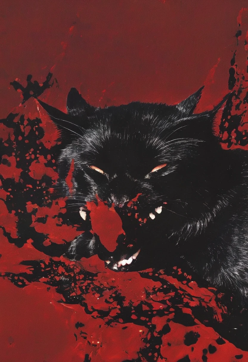 black cats kissing in black water, red sunset background