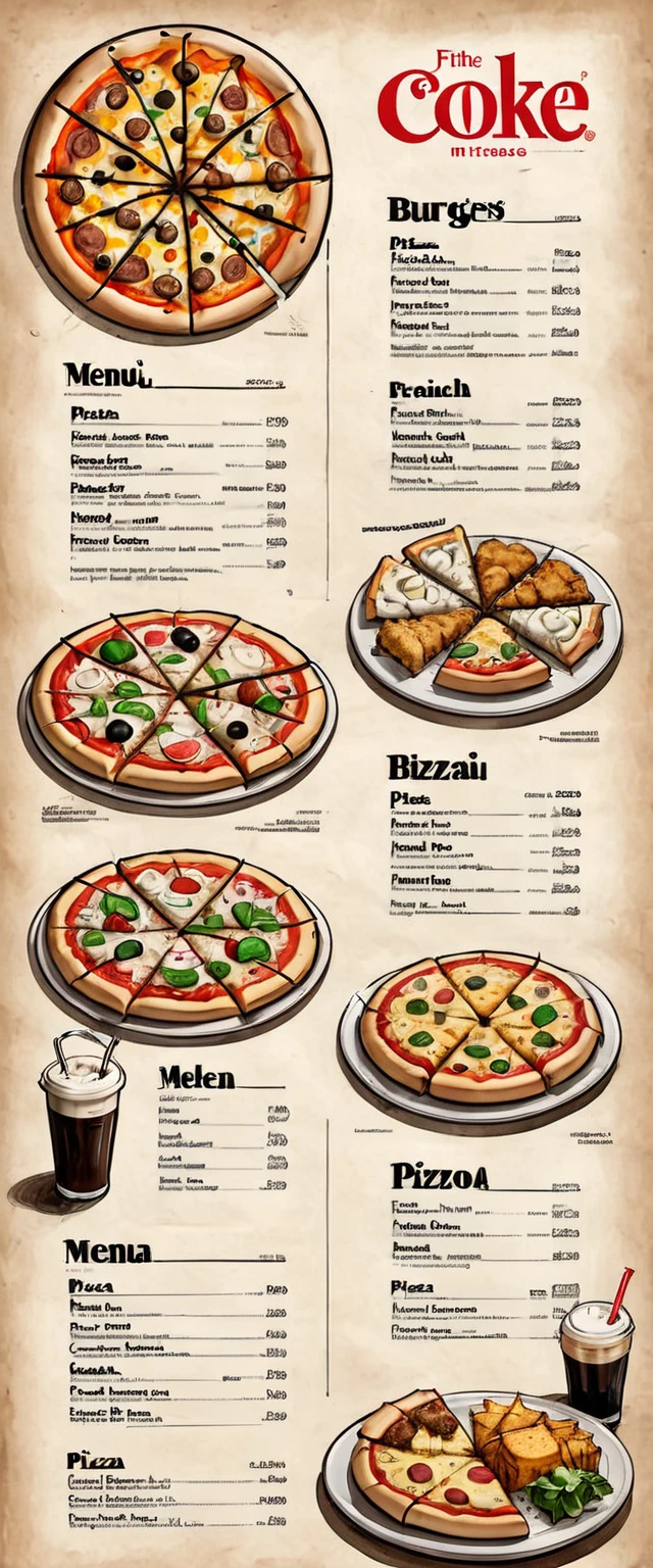 illustration of a restaurant menu, first picture: in the middle the word "menu" in big letters, in the corners of the picture burger, pizza, cappuccino, carbonated drink, hot dock, closed pizza,
second picture of the menu: dishes are arranged in staggered order: assorted pizzas, their names and prices, French fries, nuggets and prices, sodas (coke).