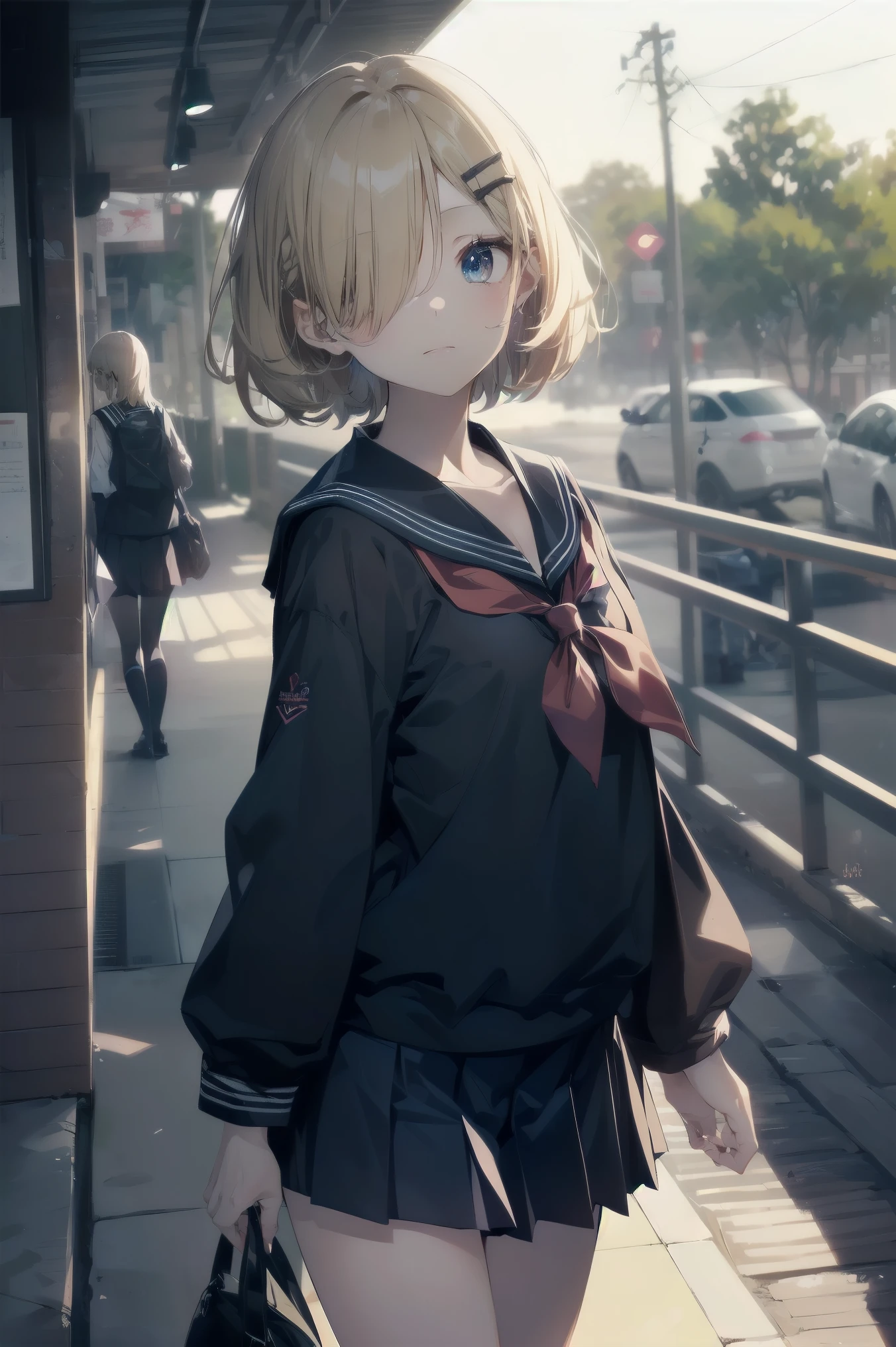 highest quality, anime moe art style,Best Anime 8K Kona-chan Wallpaper,Pixiv contest winners,perfect anatomy, (Please draw a girl walking sleepily to school.. ),break, 1 girl, (alone,,,13 years old:1.3),high school student, short hair, amount, (hair above one eye:1.7),All limbs, full finger,medium breasts, between legs, small eyes,Precise black eyes, hair clip, (sailor suit:1.5),(school uniform:1.5) skirt,On the way to school. break,Super detailed,High resolution,super dense skin, professional lighting,8K eye details, (cute illustration:1.2),blonde,blonde hair,No expression,(hair over one eye:1.5)
