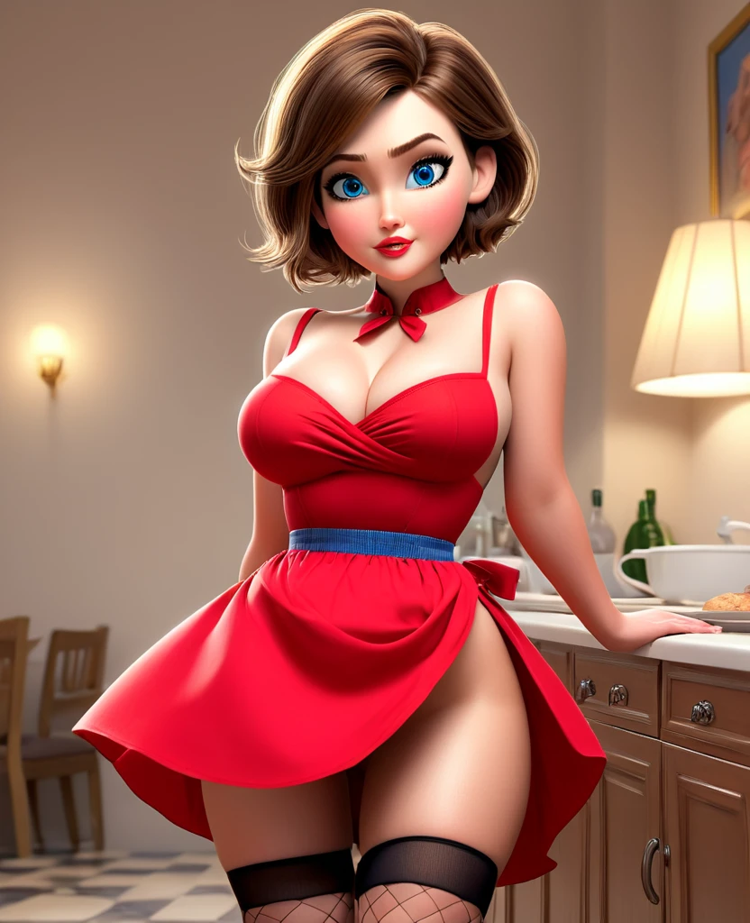 ((brown hair, blue eyes, big breasts, big breasts, short hair )) pixar mom, attractive woman, mature woman, Ultra high detail, Erotic, looking towards the camera, big breasts, thick lips, big hip, sexy red dress, great cleavage, red heels, red skirt, checkered stockings, apron