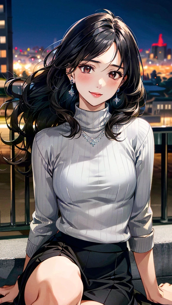 (masterpiece:1.3, Highest quality, Ultra-high resolution, Super detailed), (Realistic, photoRealistic:1.4), Beautiful illustrations, Perfect lighting, colorful, Depth of written boundary,
Beautiful detailed hair, Beautifully detailed face, Beautiful fine details, Beautiful clavicle, Beautiful body, 美しいLarge Breasts, Beautiful thighs, Beautiful feet, Beautiful fingers,
View Viewer、Front view:0.6, Beauty1人, Japanese, Beauty、30 years old, Perfect Face, (Perfect Anatomy, Anatomically correct), Cute and symmetrical face, Baby Face, , Shiny skin,
((Dark grey turtleneck sweater:1.4、Long skirt 1.5))
(Black Hair, Medium Wavy Hair:1.4), Dark brown eyes, (Large Breasts), Slim body,
necklace, (Small earrings:1.3),
(Beautiful views), (night), (city, cityscape in the distance), Sitting on a bench, A soft smile、(Smile, Lips parted),