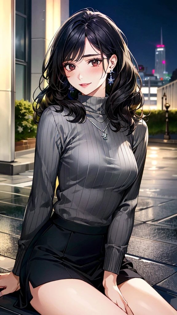 (masterpiece:1.3, Highest quality, Ultra-high resolution, Super detailed), (Realistic, photoRealistic:1.4), Beautiful illustrations, Perfect lighting, colorful, Depth of written boundary,
Beautiful detailed hair, Beautifully detailed face, Beautiful fine details, Beautiful clavicle, Beautiful body, 美しいLarge Breasts, Beautiful thighs, Beautiful feet, Beautiful fingers,
View Viewer、Front view:0.6, Beauty1人, Japanese, Beauty、30 years old, Perfect Face, (Perfect Anatomy, Anatomically correct), Cute and symmetrical face, Baby Face, , Shiny skin,
((Dark grey turtleneck sweater:1.4、Long skirt 1.5))
(Black Hair, Medium Wavy Hair:1.4), Dark brown eyes, (Large Breasts), Slim body,
necklace, (Small earrings:1.3),
(Beautiful views), (night), (city, cityscape in the distance), Sitting on a bench, A soft smile、(Smile, Lips parted),