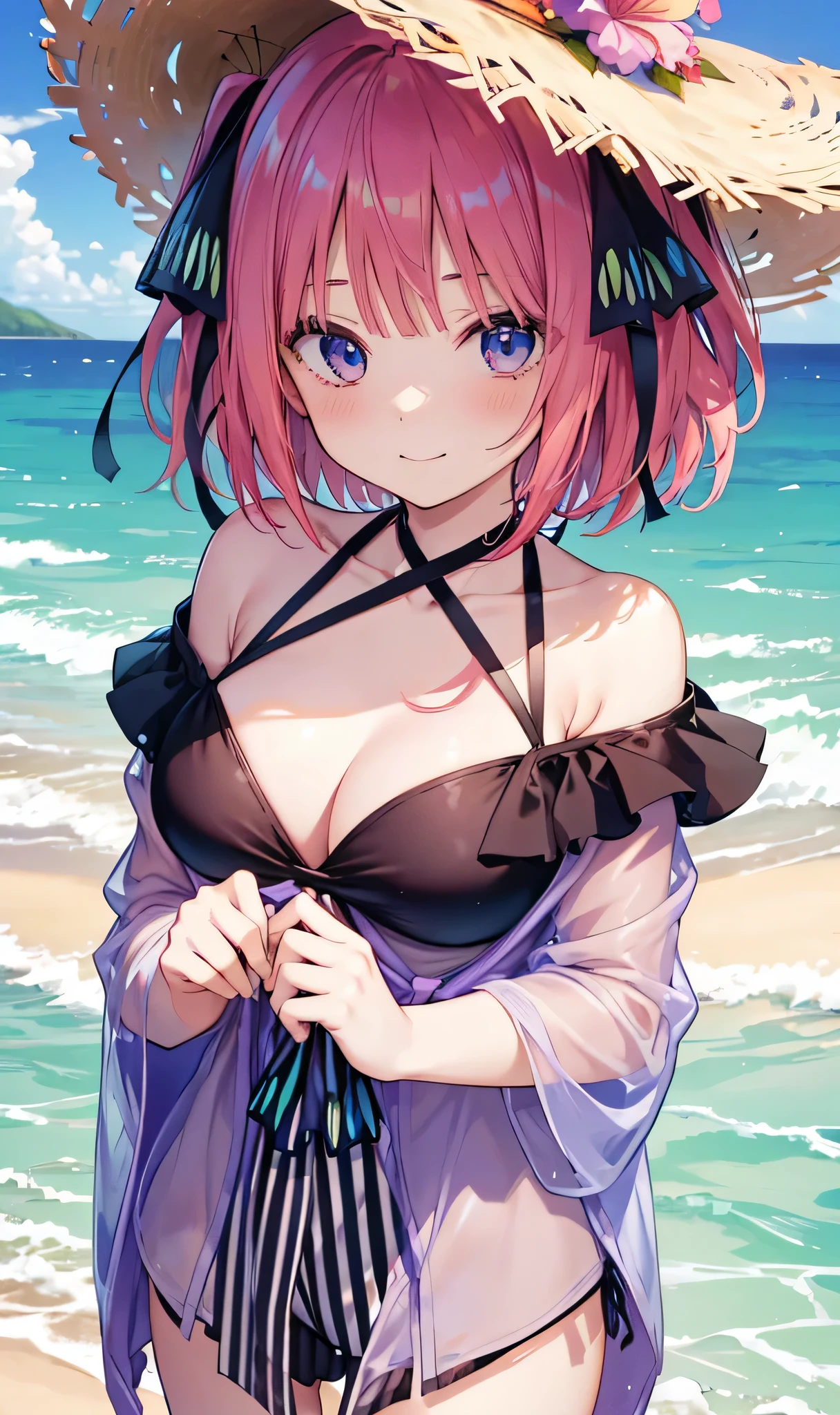 Nino Nakano is a character that appears in the anime "The Quintessential Quintuplets" 「The background is a sunny day at the sandy beach...」The eyes of this character are blue. My hairstyle is a bob cut with shockingpink color. This character is wearing a butterfly hair accessory. Please focus on this character. This character has a very lovely smile.high Quality. .. masterpiece,best quality,ultra detailed, My breast size is D cup. The background is a sunny day at the sandy beach. This character is wearing an off shoulder bikini. The off shoulder bikini has a pattern of purple and black stripes.